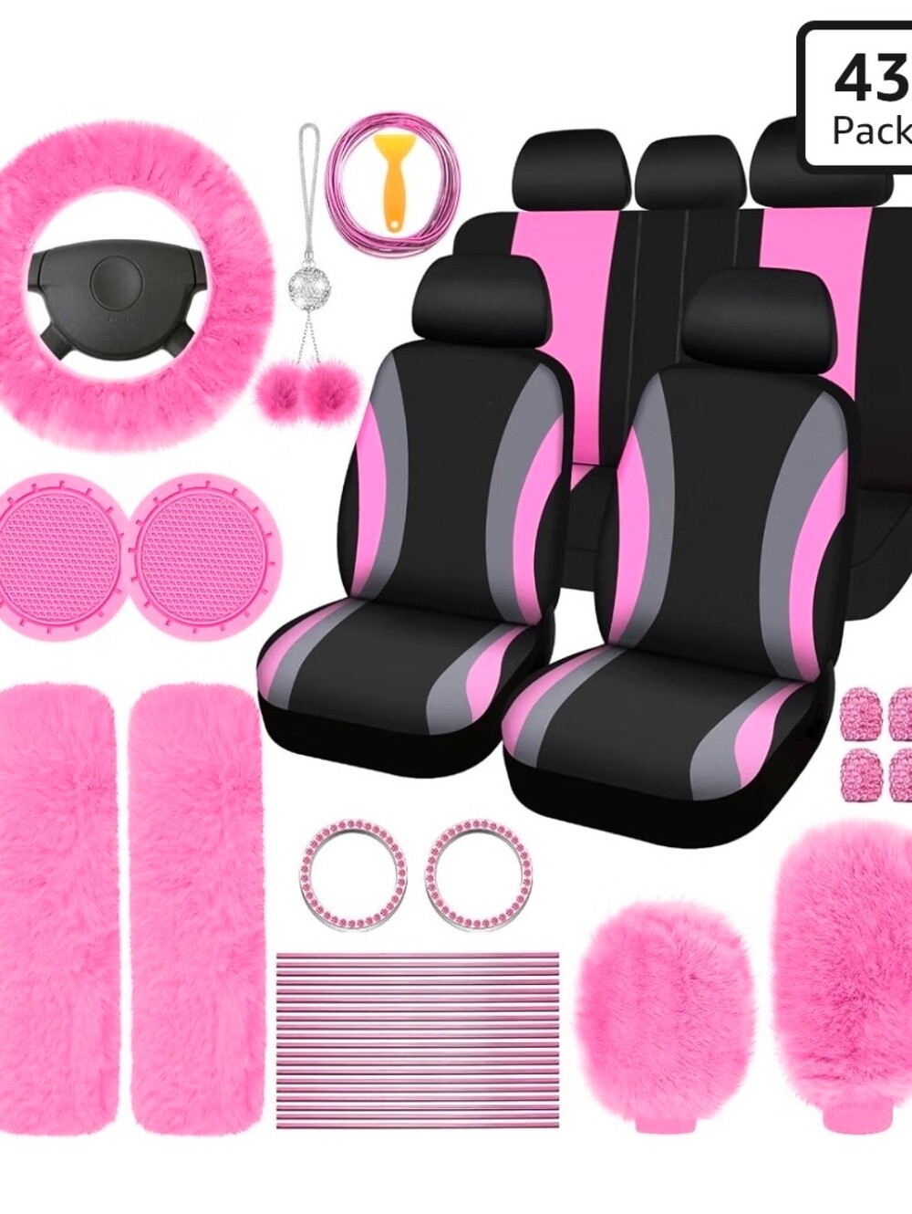 ROCEEI 43 Pcs Fuzzy Car Seat Cover Full Set Pink Fuzzy Steering Wheel Cover Kit